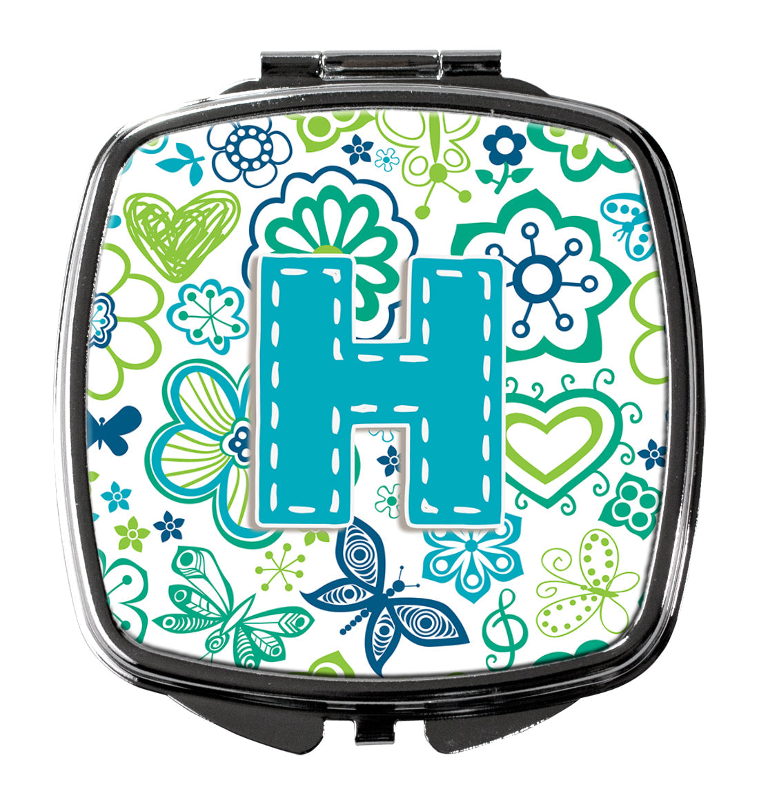 Letter H Flowers and Butterflies Teal Blue Compact Mirror Decorative Travel Makeup Mirror for Women Girls Gifts Pocket Makeup Mirror Folding Handheld