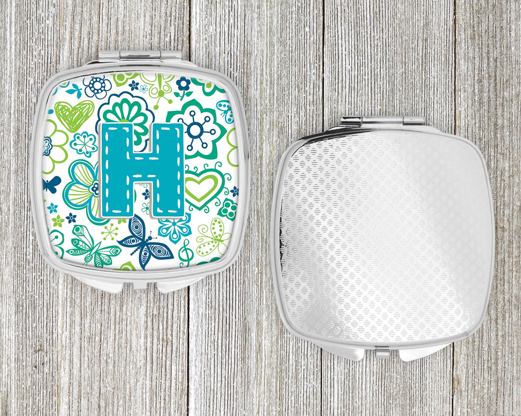 Letter H Flowers and Butterflies Teal Blue Compact Mirror Decorative Travel Makeup Mirror for Women Girls Gifts Pocket Makeup Mirror Folding Handheld