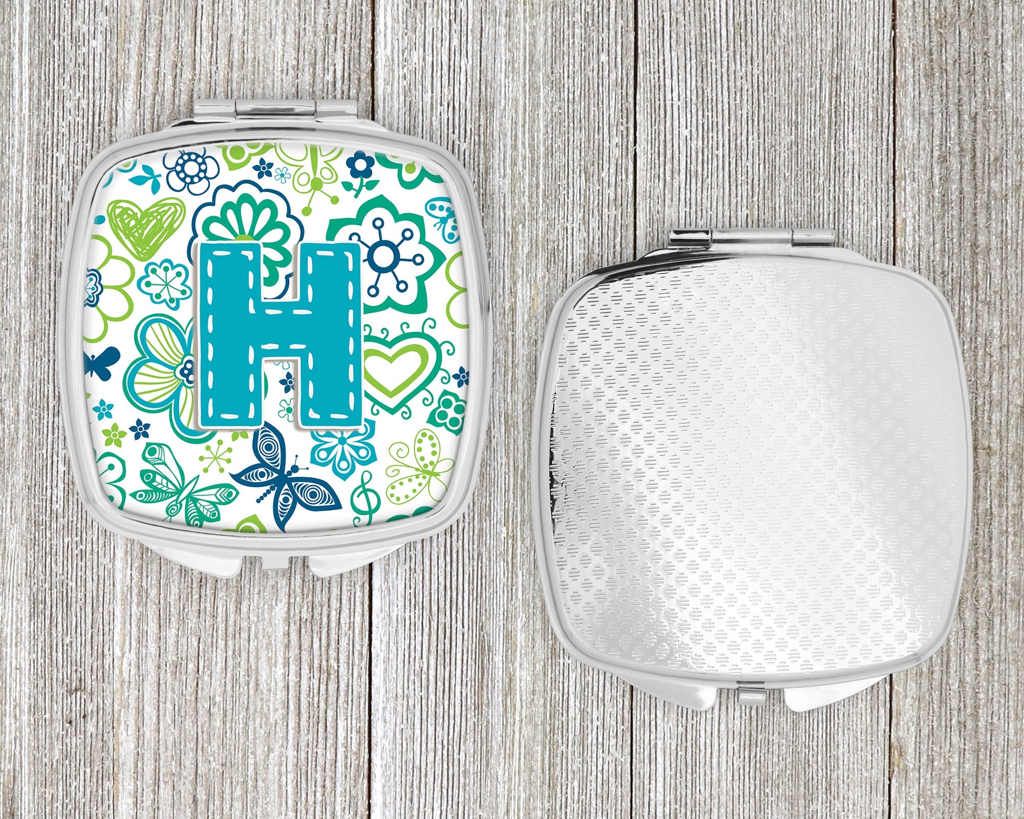 Letter H Flowers and Butterflies Teal Blue Compact Mirror Decorative Travel Makeup Mirror for Women Girls Gifts Pocket Makeup Mirror Folding Handheld