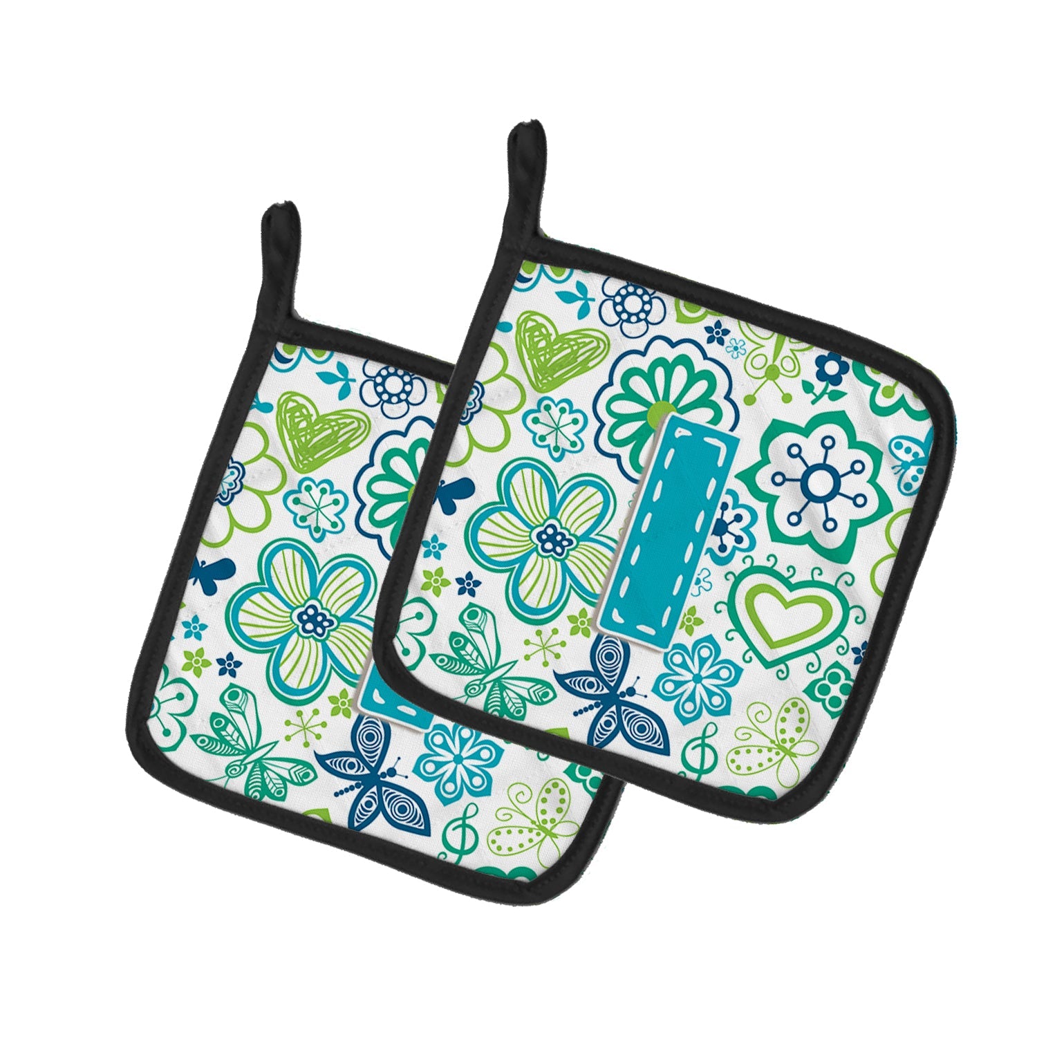 Letter I Flowers and Butterflies Teal Blue Pot Holder Set of 2 Heat Resistant Quilted Hot Pads 7.5 x 7.5 Inch, Insulated Kitchen Trivets for Cooking & Baking