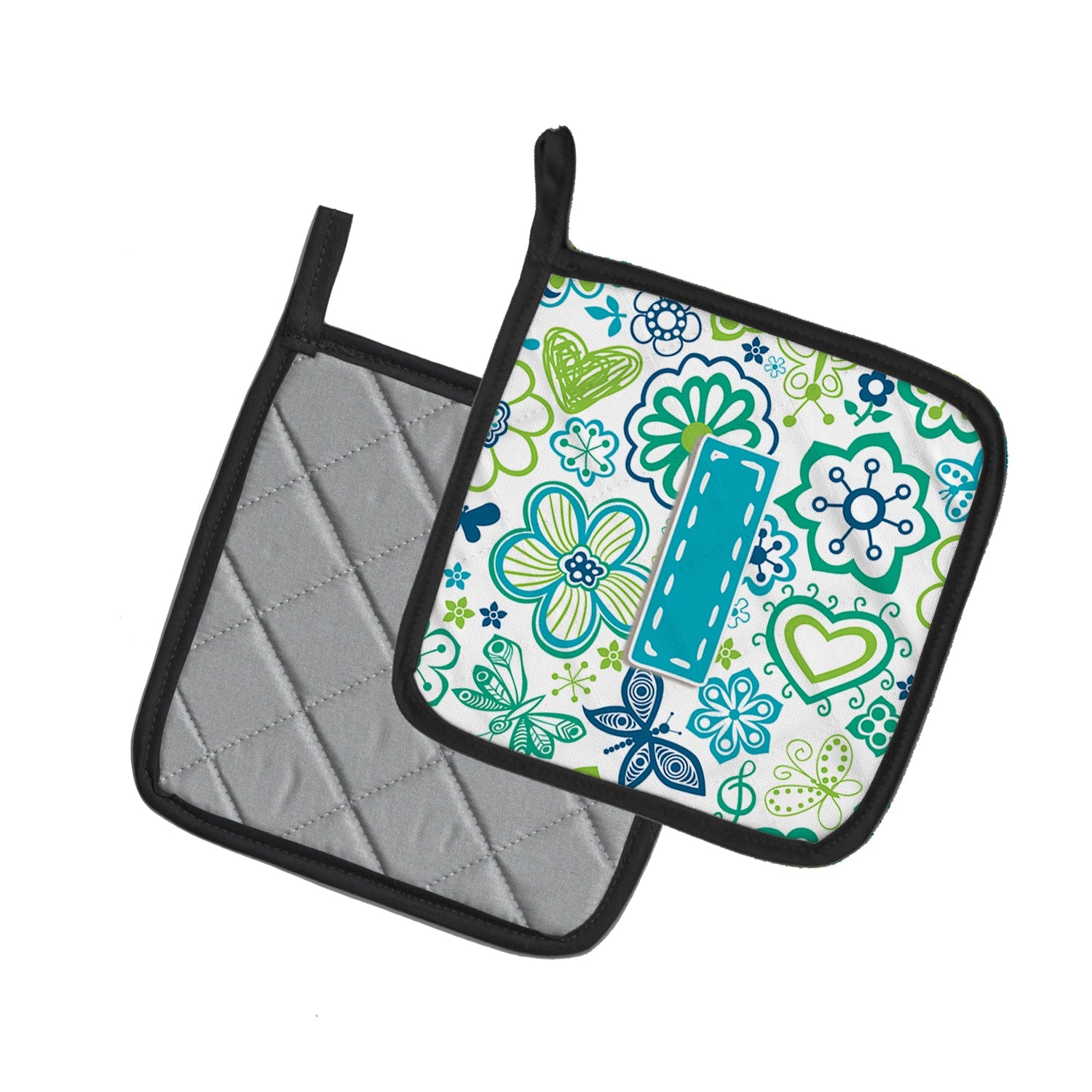 Letter I Flowers and Butterflies Teal Blue Pot Holder Set of 2 Heat Resistant Quilted Hot Pads 7.5 x 7.5 Inch, Insulated Kitchen Trivets for Cooking & Baking