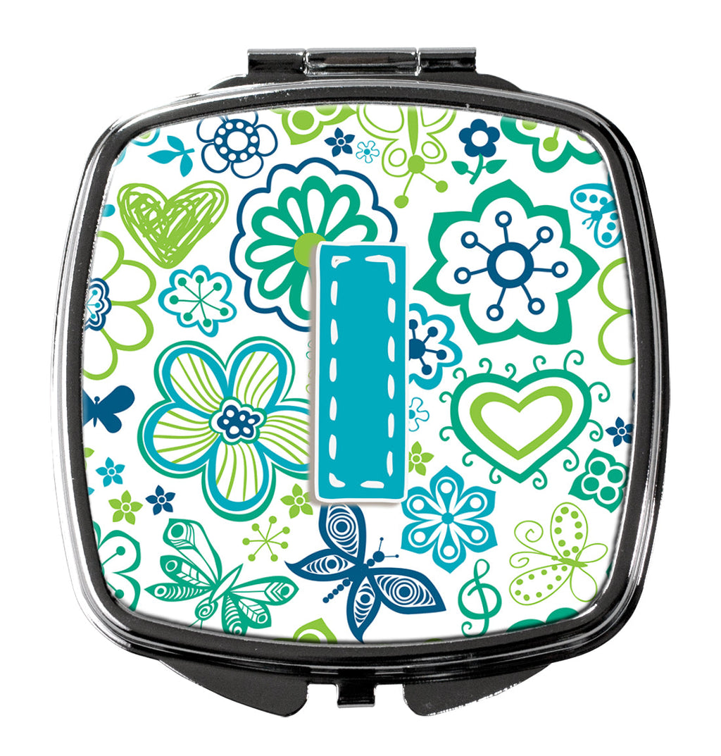 Letter I Flowers and Butterflies Teal Blue Compact Mirror Decorative Travel Makeup Mirror for Women Girls Gifts Pocket Makeup Mirror Folding Handheld