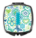 Letter I Flowers and Butterflies Teal Blue Compact Mirror Decorative Travel Makeup Mirror for Women Girls Gifts Pocket Makeup Mirror Folding Handheld