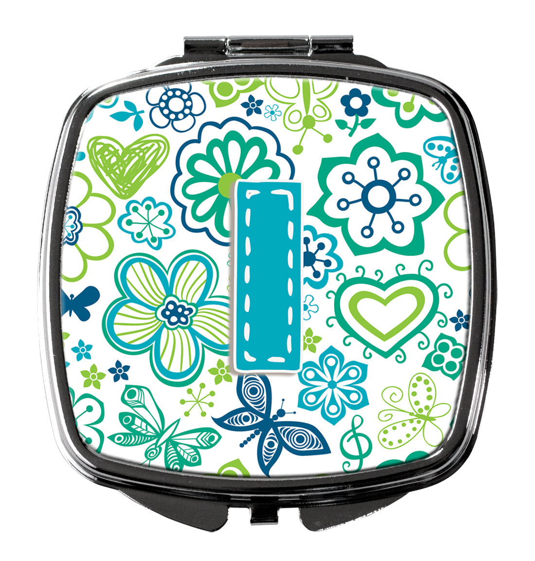 Letter I Flowers and Butterflies Teal Blue Compact Mirror Decorative Travel Makeup Mirror for Women Girls Gifts Pocket Makeup Mirror Folding Handheld