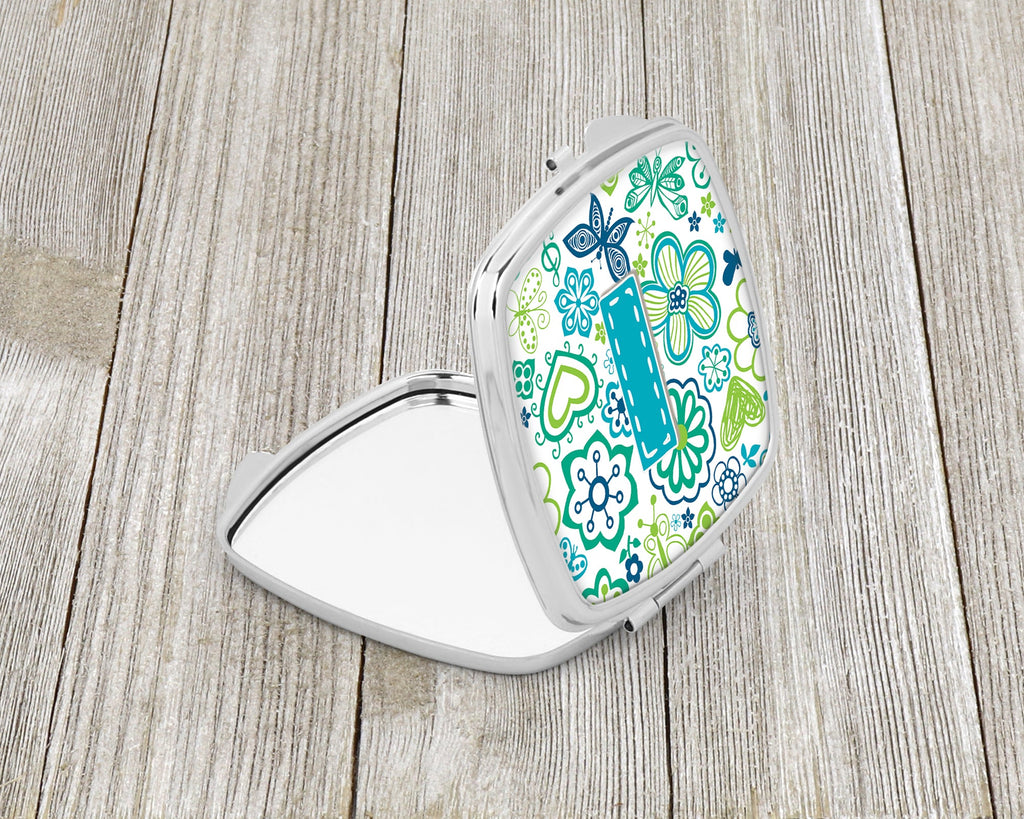 Letter I Flowers and Butterflies Teal Blue Compact Mirror Decorative Travel Makeup Mirror for Women Girls Gifts Pocket Makeup Mirror Folding Handheld