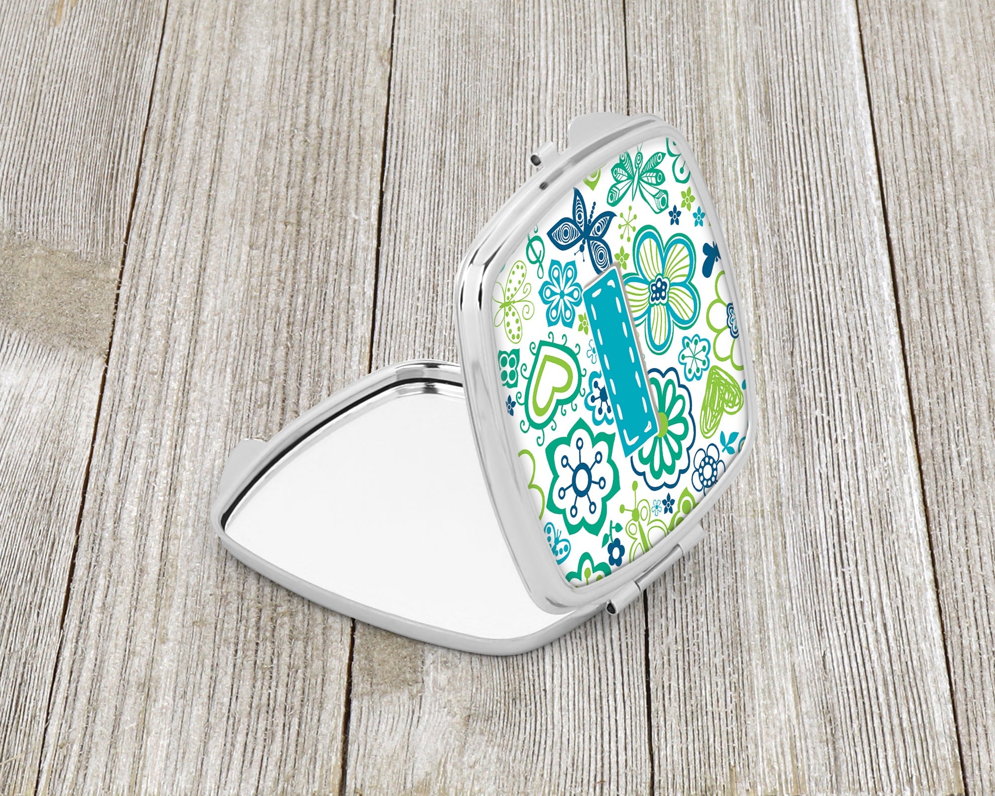 Letter I Flowers and Butterflies Teal Blue Compact Mirror Decorative Travel Makeup Mirror for Women Girls Gifts Pocket Makeup Mirror Folding Handheld