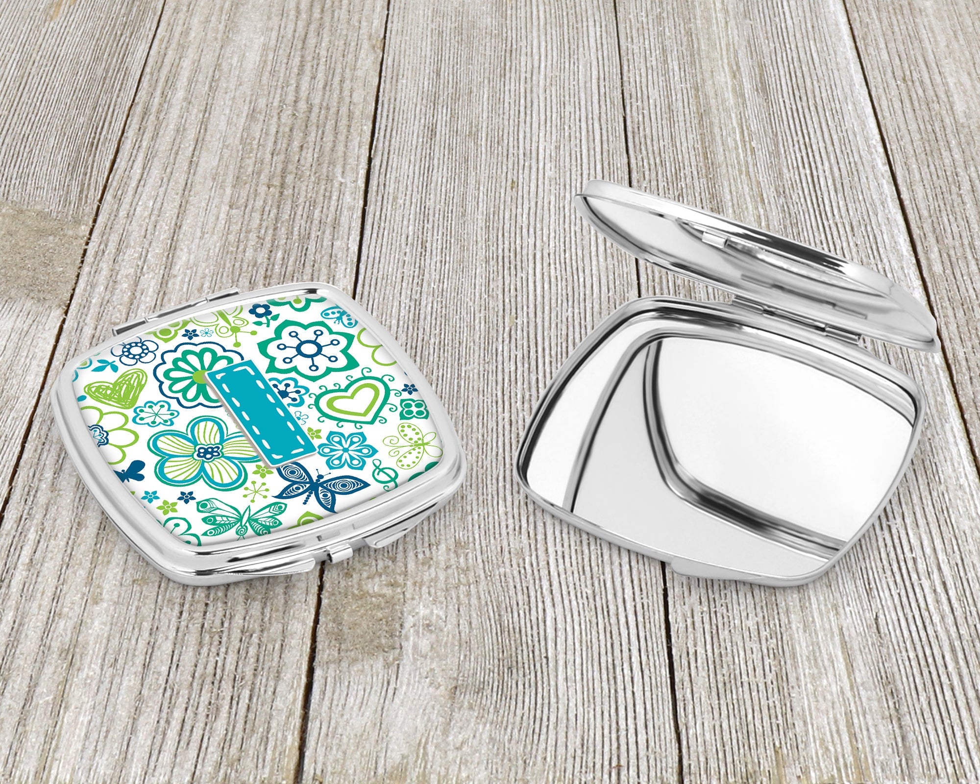 Letter I Flowers and Butterflies Teal Blue Compact Mirror Decorative Travel Makeup Mirror for Women Girls Gifts Pocket Makeup Mirror Folding Handheld