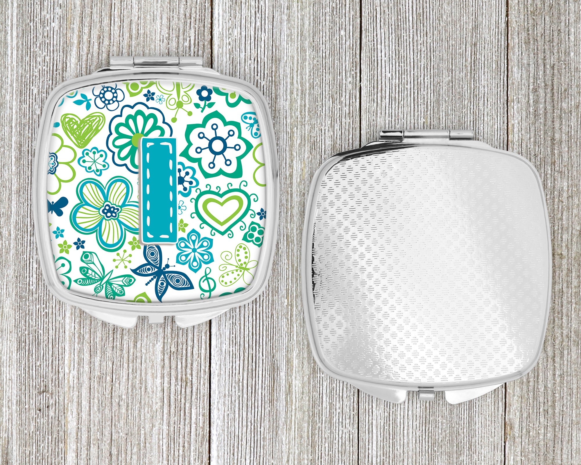 Letter I Flowers and Butterflies Teal Blue Compact Mirror Decorative Travel Makeup Mirror for Women Girls Gifts Pocket Makeup Mirror Folding Handheld