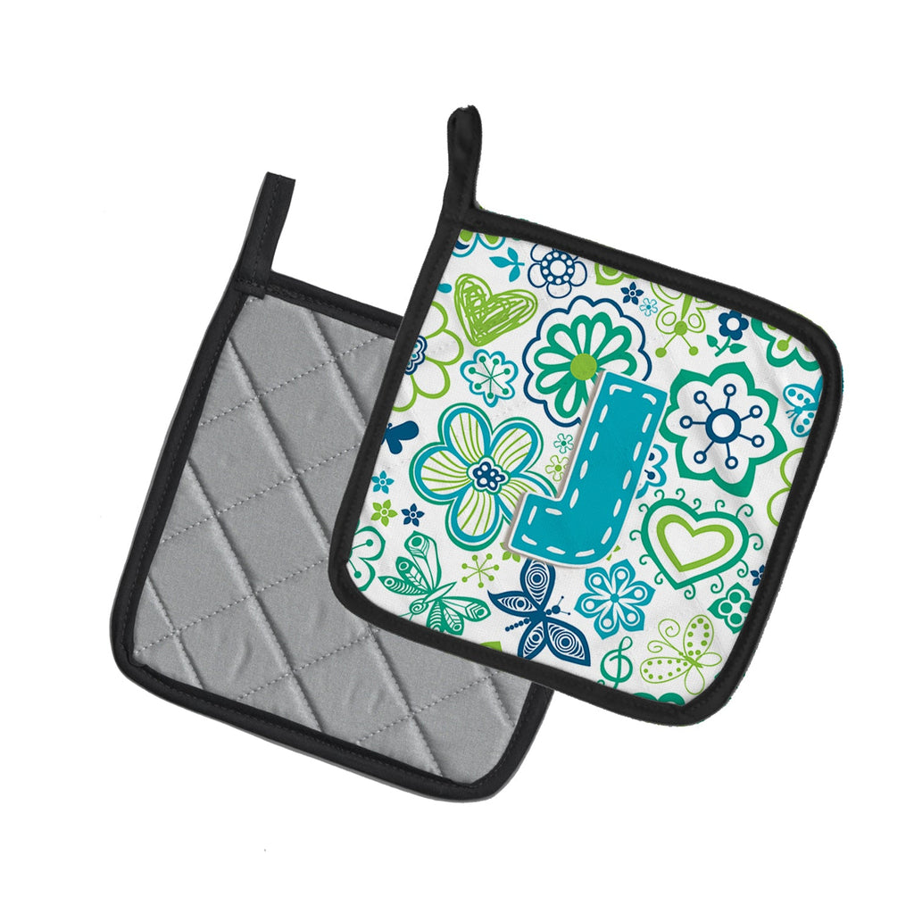 Letter J Flowers and Butterflies Teal Blue Pot Holder Set of 2 Heat Resistant Quilted Hot Pads 7.5 x 7.5 Inch, Insulated Kitchen Trivets for Cooking & Baking