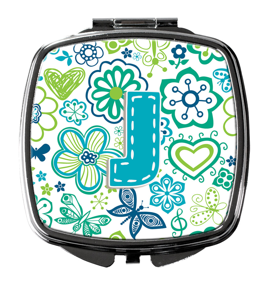 Letter J Flowers and Butterflies Teal Blue Compact Mirror Decorative Travel Makeup Mirror for Women Girls Gifts Pocket Makeup Mirror Folding Handheld