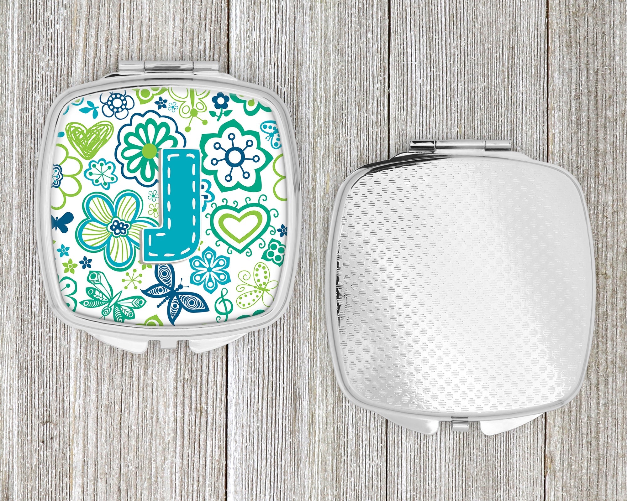 Letter J Flowers and Butterflies Teal Blue Compact Mirror Decorative Travel Makeup Mirror for Women Girls Gifts Pocket Makeup Mirror Folding Handheld