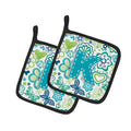 Letter K Flowers and Butterflies Teal Blue Pot Holder Set of 2 Heat Resistant Quilted Hot Pads 7.5 x 7.5 Inch, Insulated Kitchen Trivets for Cooking & Baking