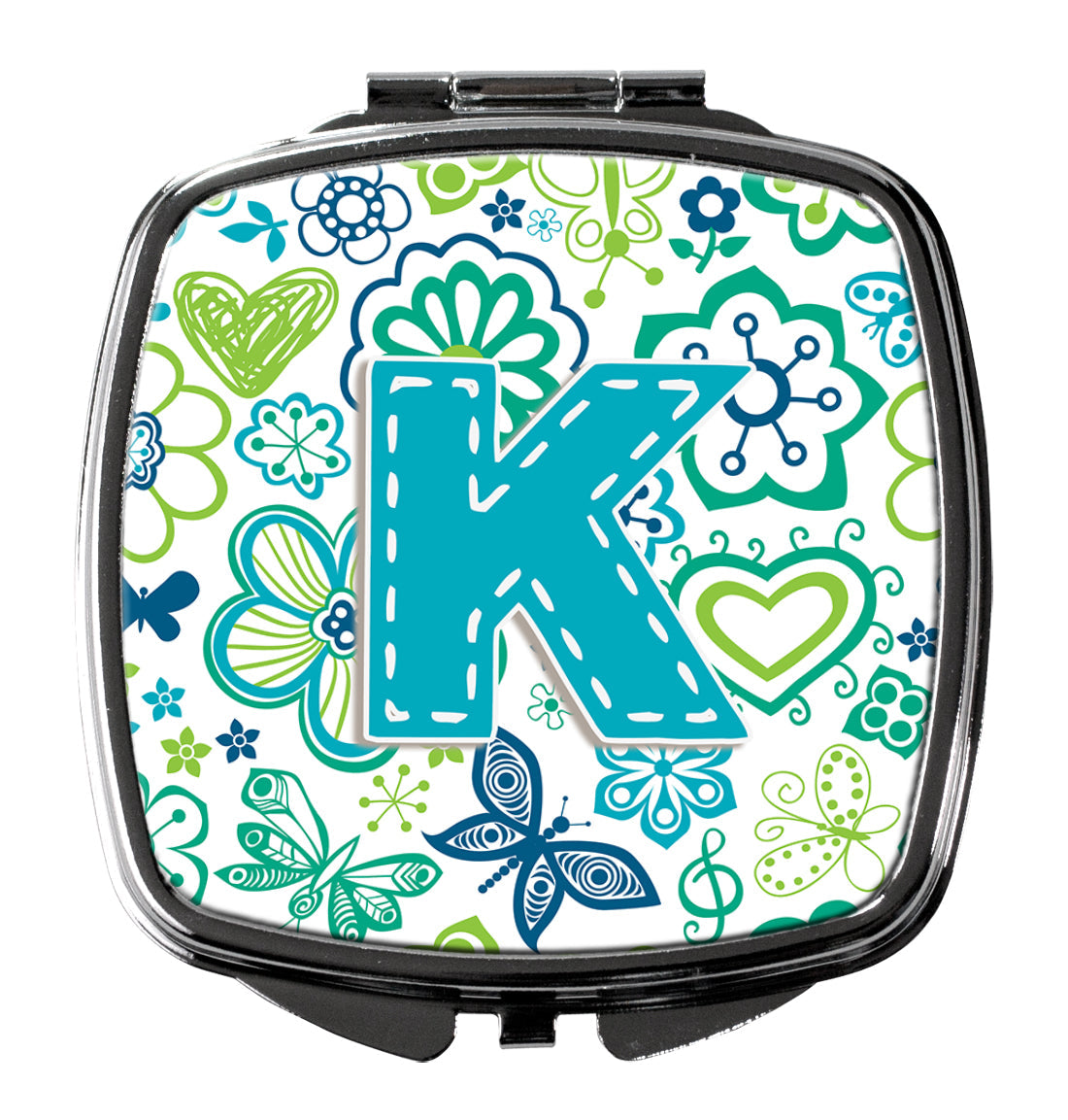 Letter K Flowers and Butterflies Teal Blue Compact Mirror Decorative Travel Makeup Mirror for Women Girls Gifts Pocket Makeup Mirror Folding Handheld