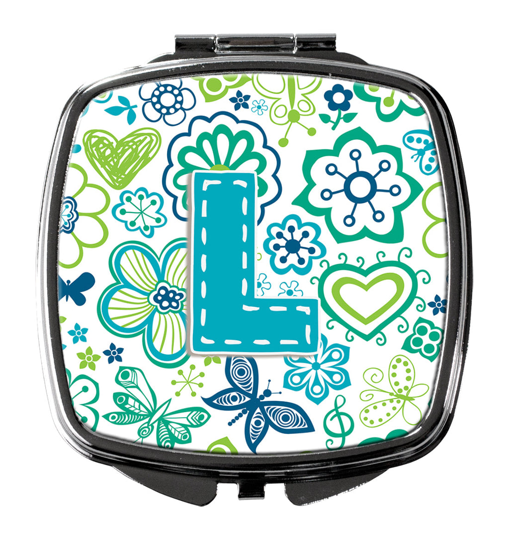 Letter L Flowers and Butterflies Teal Blue Compact Mirror Decorative Travel Makeup Mirror for Women Girls Gifts Pocket Makeup Mirror Folding Handheld