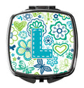 Letter L Flowers and Butterflies Teal Blue Compact Mirror Decorative Travel Makeup Mirror for Women Girls Gifts Pocket Makeup Mirror Folding Handheld