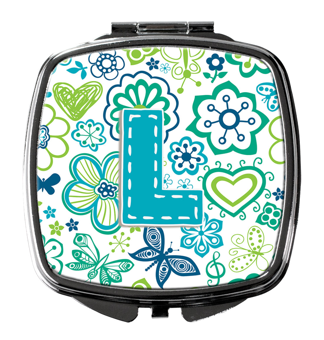 Letter L Flowers and Butterflies Teal Blue Compact Mirror Decorative Travel Makeup Mirror for Women Girls Gifts Pocket Makeup Mirror Folding Handheld