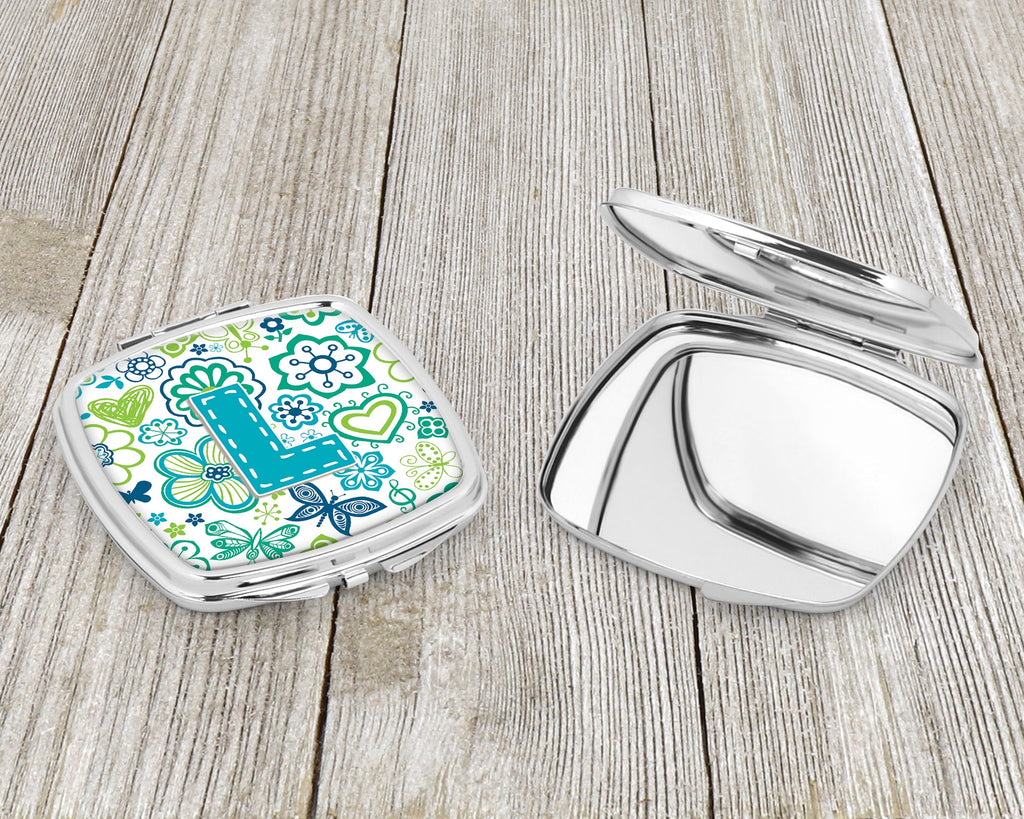 Letter L Flowers and Butterflies Teal Blue Compact Mirror Decorative Travel Makeup Mirror for Women Girls Gifts Pocket Makeup Mirror Folding Handheld