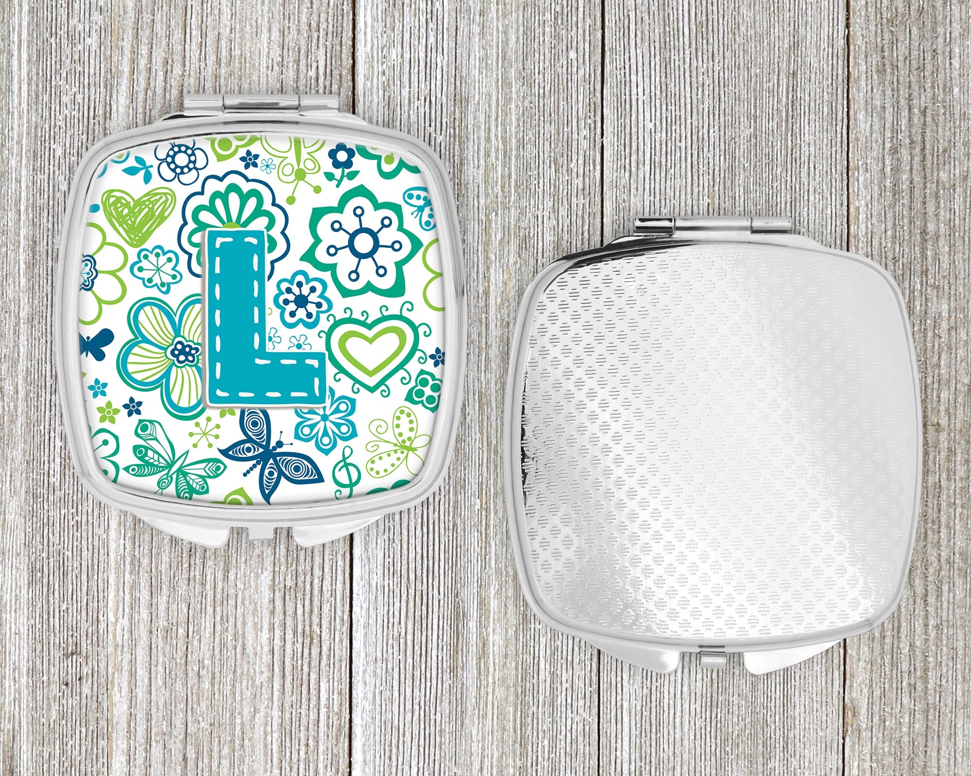 Letter L Flowers and Butterflies Teal Blue Compact Mirror Decorative Travel Makeup Mirror for Women Girls Gifts Pocket Makeup Mirror Folding Handheld