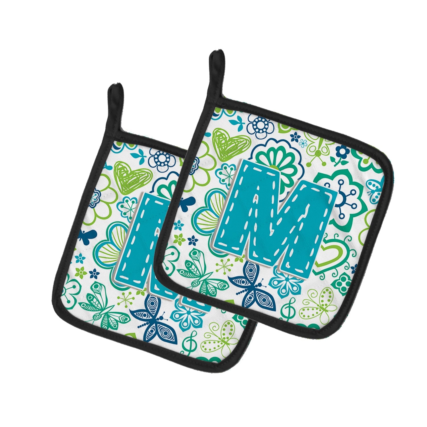 Letter M Flowers and Butterflies Teal Blue Pot Holder Set of 2 Heat Resistant Quilted Hot Pads 7.5 x 7.5 Inch, Insulated Kitchen Trivets for Cooking & Baking