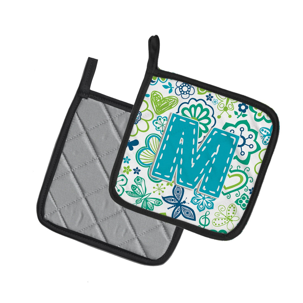 Letter M Flowers and Butterflies Teal Blue Pot Holder Set of 2 Heat Resistant Quilted Hot Pads 7.5 x 7.5 Inch, Insulated Kitchen Trivets for Cooking & Baking