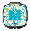Letter M Flowers and Butterflies Teal Blue Compact Mirror Decorative Travel Makeup Mirror for Women Girls Gifts Pocket Makeup Mirror Folding Handheld