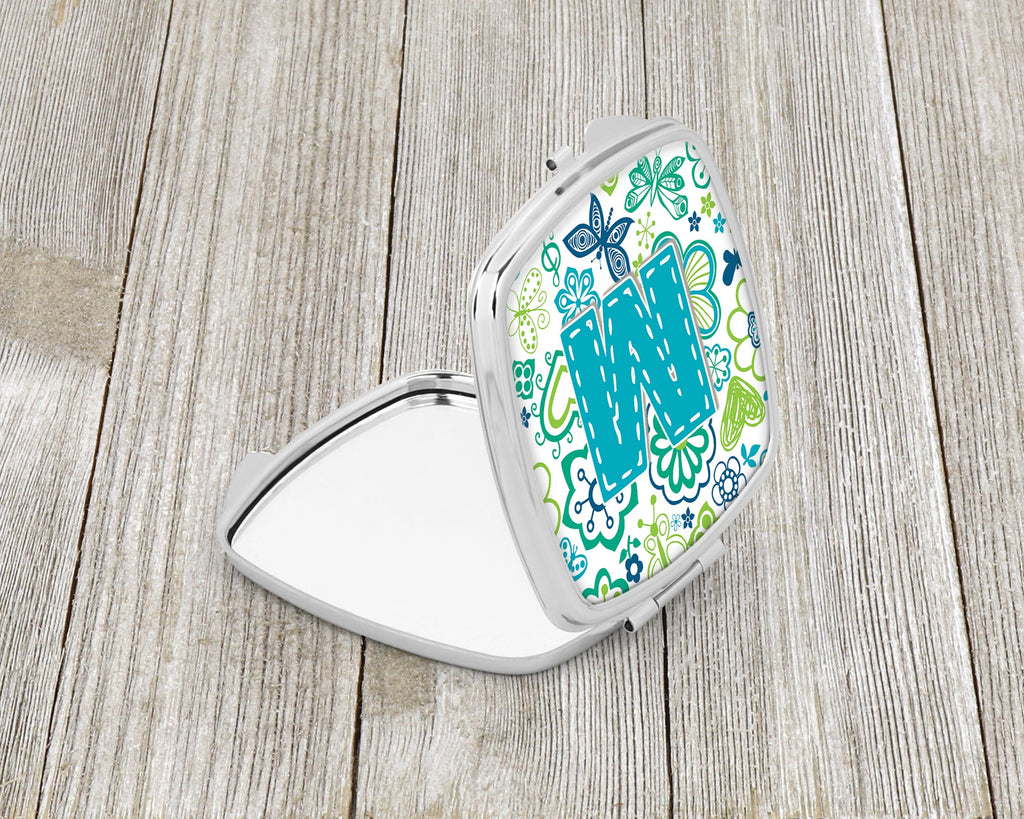 Letter M Flowers and Butterflies Teal Blue Compact Mirror Decorative Travel Makeup Mirror for Women Girls Gifts Pocket Makeup Mirror Folding Handheld