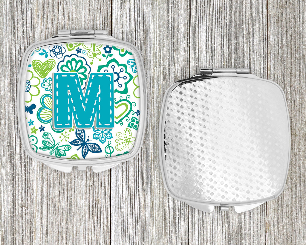 Letter M Flowers and Butterflies Teal Blue Compact Mirror Decorative Travel Makeup Mirror for Women Girls Gifts Pocket Makeup Mirror Folding Handheld