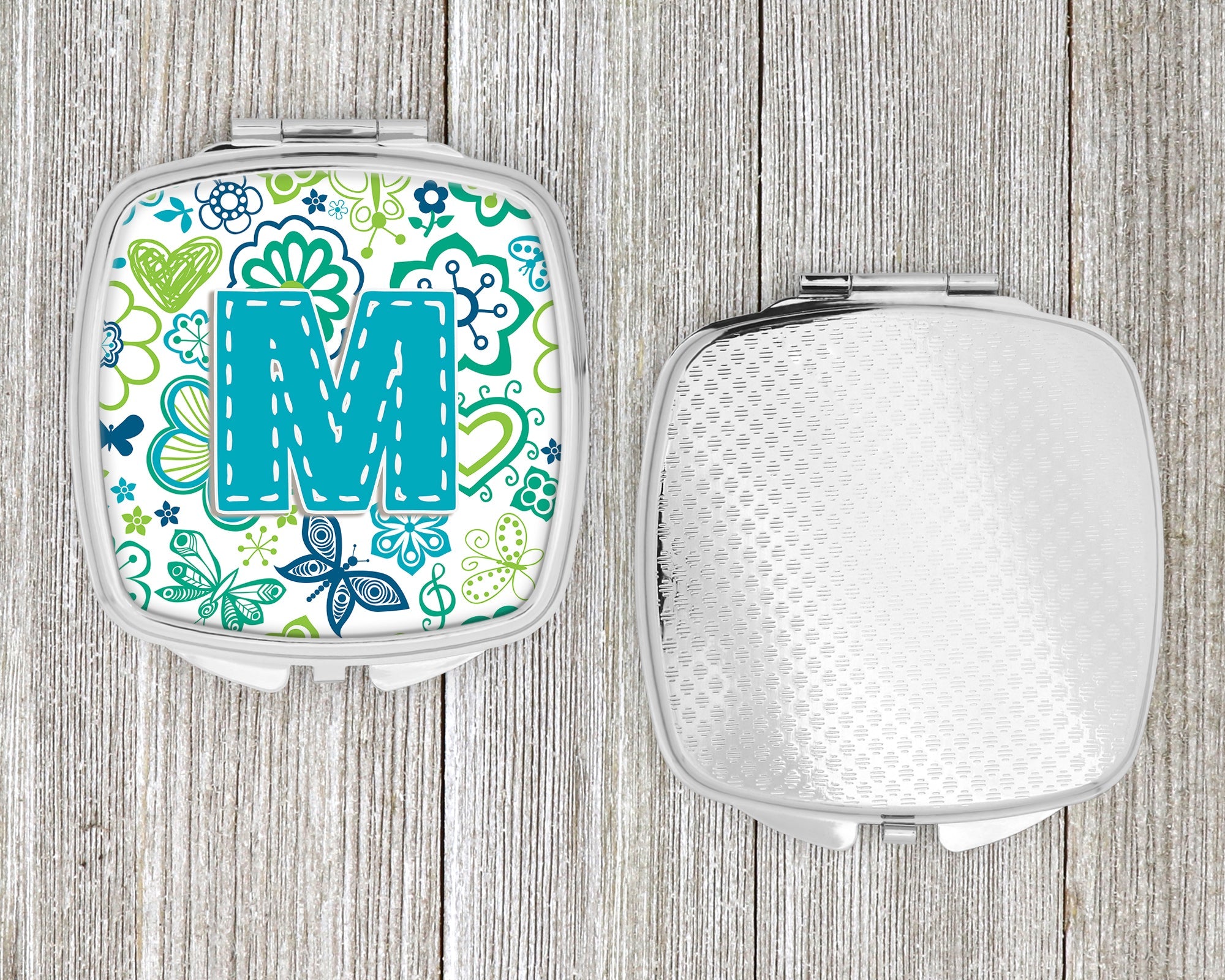 Letter M Flowers and Butterflies Teal Blue Compact Mirror Decorative Travel Makeup Mirror for Women Girls Gifts Pocket Makeup Mirror Folding Handheld