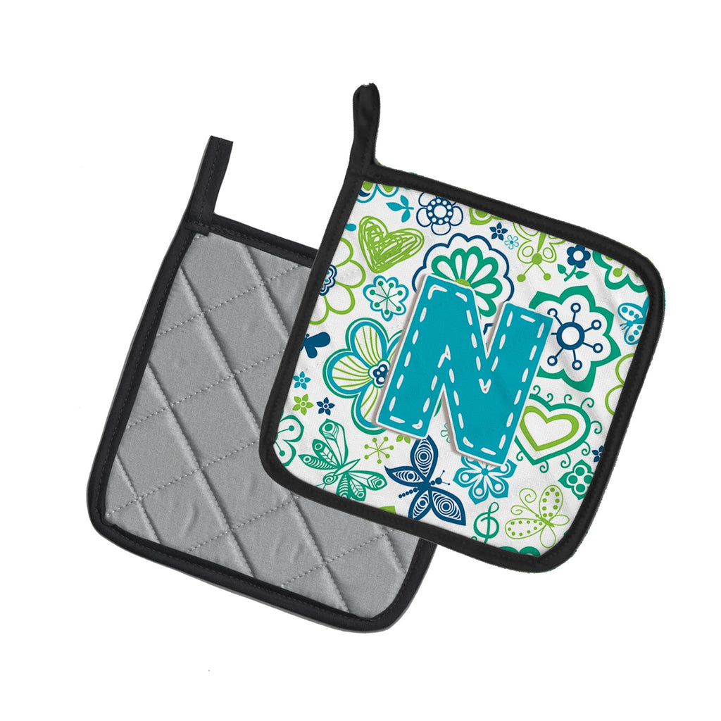 Letter N Flowers and Butterflies Teal Blue Pot Holder Set of 2 Heat Resistant Quilted Hot Pads 7.5 x 7.5 Inch, Insulated Kitchen Trivets for Cooking & Baking