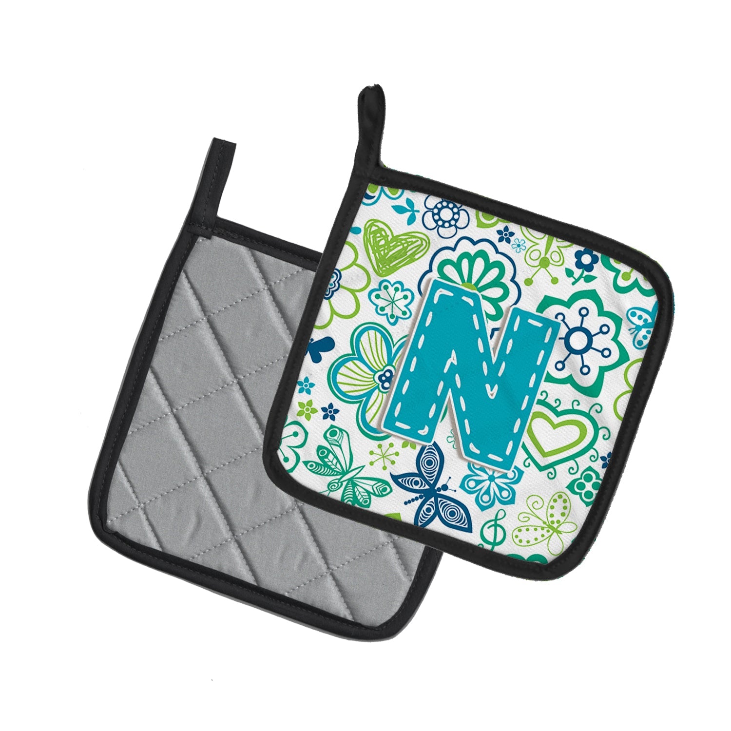 Letter N Flowers and Butterflies Teal Blue Pot Holder Set of 2 Heat Resistant Quilted Hot Pads 7.5 x 7.5 Inch, Insulated Kitchen Trivets for Cooking & Baking