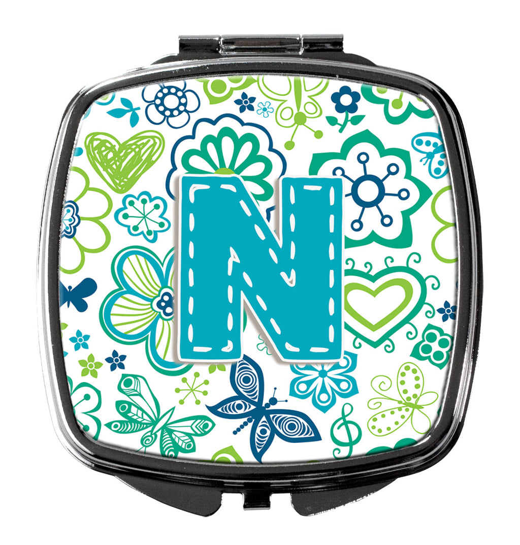 Letter N Flowers and Butterflies Teal Blue Compact Mirror Decorative Travel Makeup Mirror for Women Girls Gifts Pocket Makeup Mirror Folding Handheld