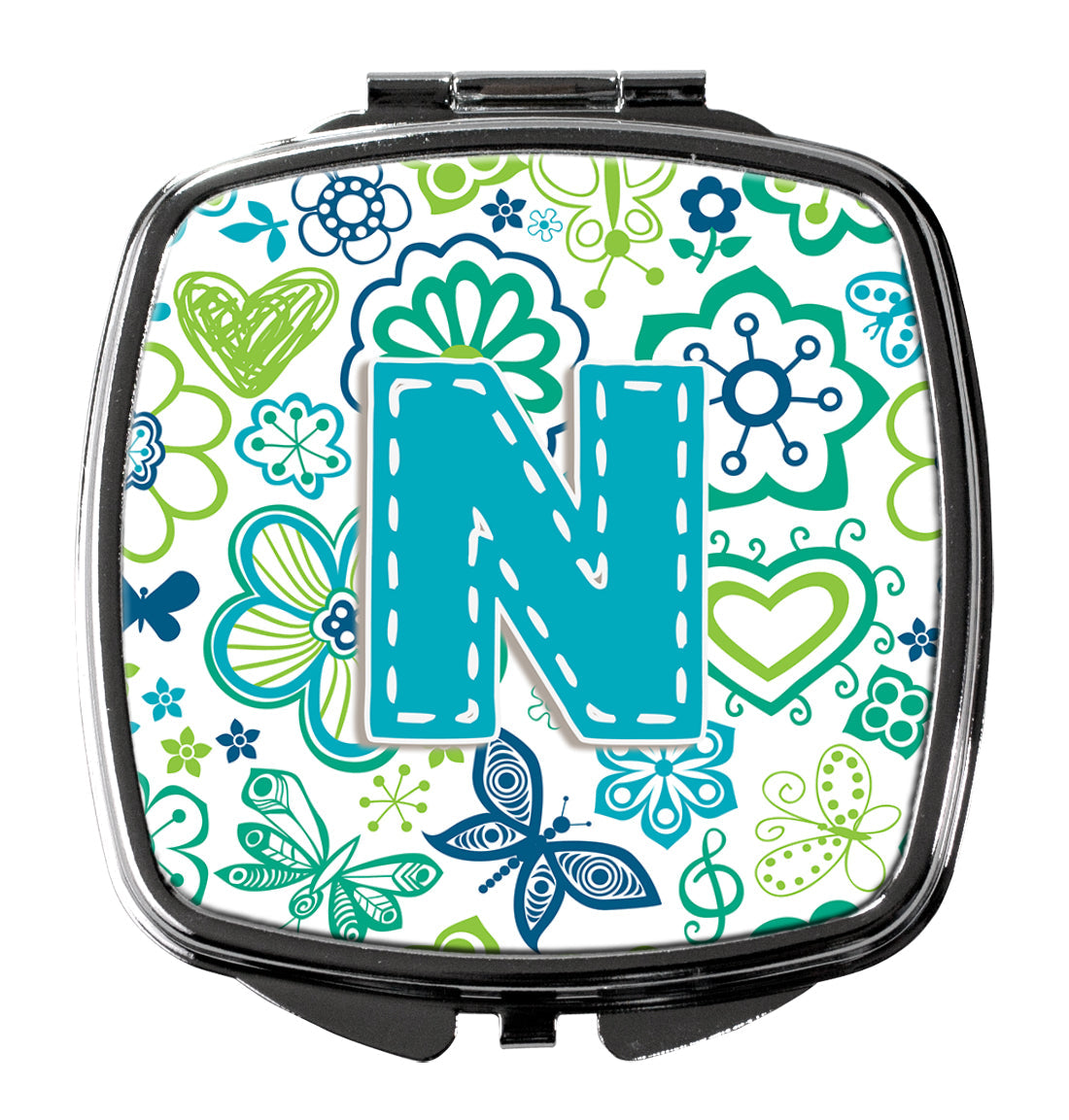 Letter N Flowers and Butterflies Teal Blue Compact Mirror Decorative Travel Makeup Mirror for Women Girls Gifts Pocket Makeup Mirror Folding Handheld