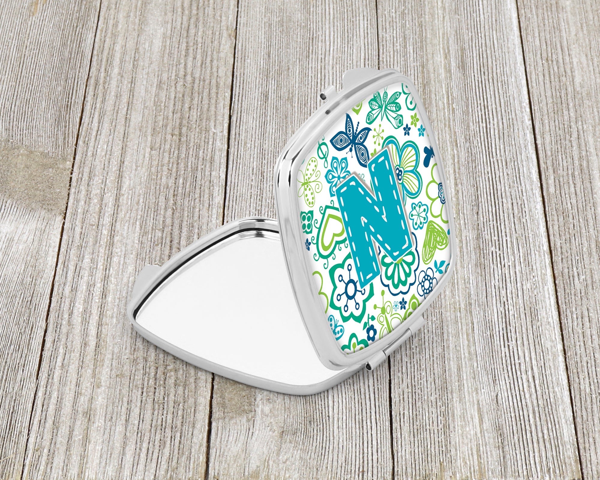 Letter N Flowers and Butterflies Teal Blue Compact Mirror Decorative Travel Makeup Mirror for Women Girls Gifts Pocket Makeup Mirror Folding Handheld