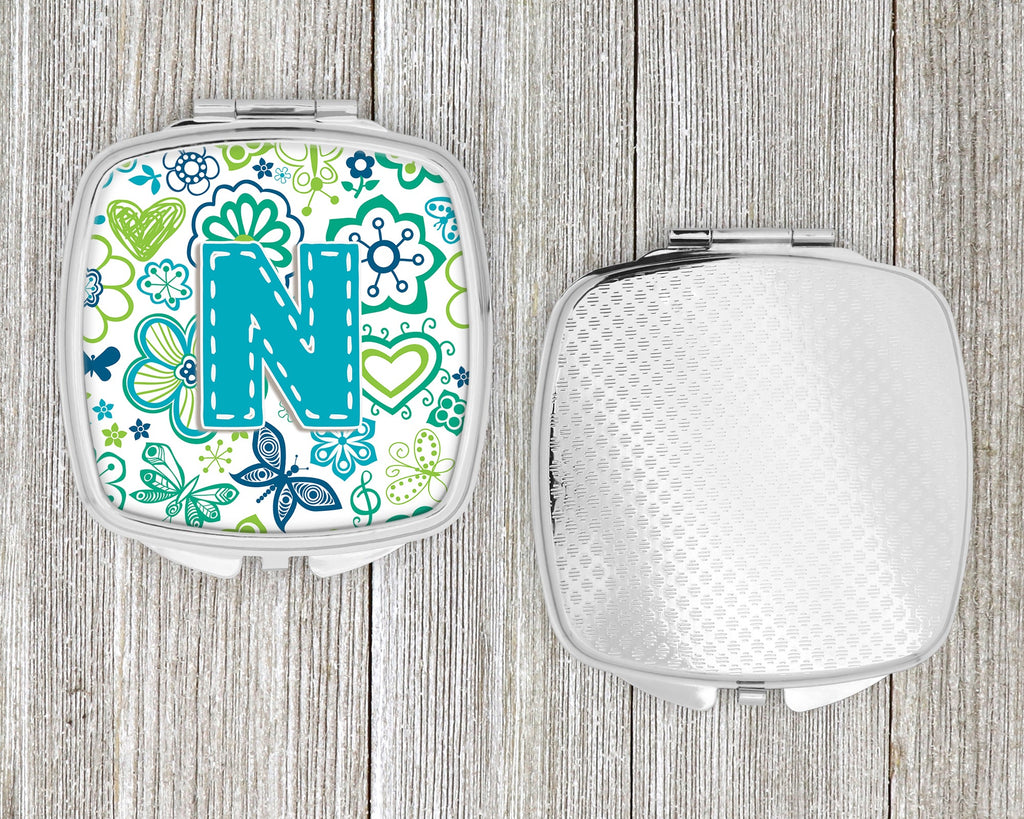 Letter N Flowers and Butterflies Teal Blue Compact Mirror Decorative Travel Makeup Mirror for Women Girls Gifts Pocket Makeup Mirror Folding Handheld