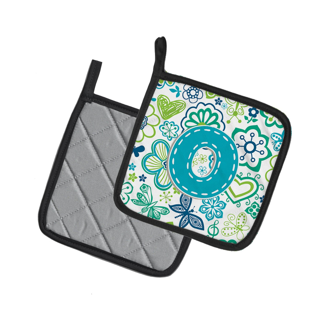 Letter O Flowers and Butterflies Teal Blue Pot Holder Set of 2 Heat Resistant Quilted Hot Pads 7.5 x 7.5 Inch, Insulated Kitchen Trivets for Cooking & Baking