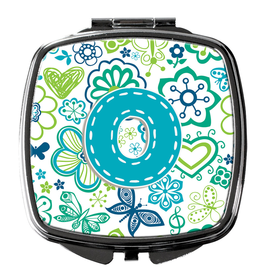 Letter O Flowers and Butterflies Teal Blue Compact Mirror Decorative Travel Makeup Mirror for Women Girls Gifts Pocket Makeup Mirror Folding Handheld
