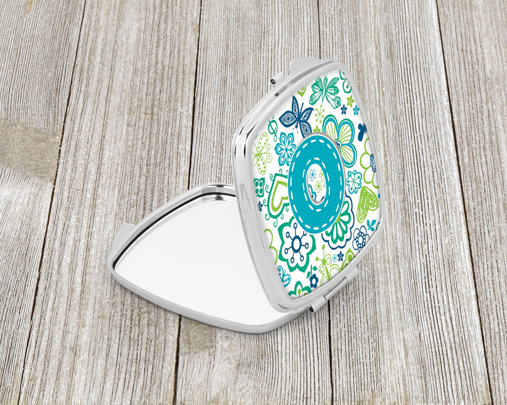 Letter O Flowers and Butterflies Teal Blue Compact Mirror Decorative Travel Makeup Mirror for Women Girls Gifts Pocket Makeup Mirror Folding Handheld