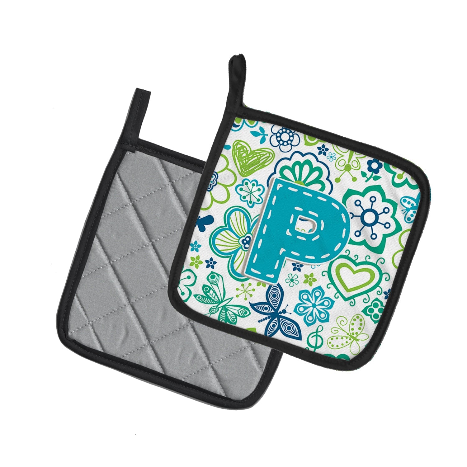Letter P Flowers and Butterflies Teal Blue Pot Holder Set of 2 Heat Resistant Quilted Hot Pads 7.5 x 7.5 Inch, Insulated Kitchen Trivets for Cooking & Baking
