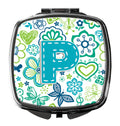 Letter P Flowers and Butterflies Teal Blue Compact Mirror Decorative Travel Makeup Mirror for Women Girls Gifts Pocket Makeup Mirror Folding Handheld