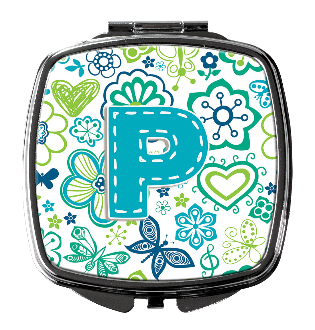 Letter P Flowers and Butterflies Teal Blue Compact Mirror Decorative Travel Makeup Mirror for Women Girls Gifts Pocket Makeup Mirror Folding Handheld