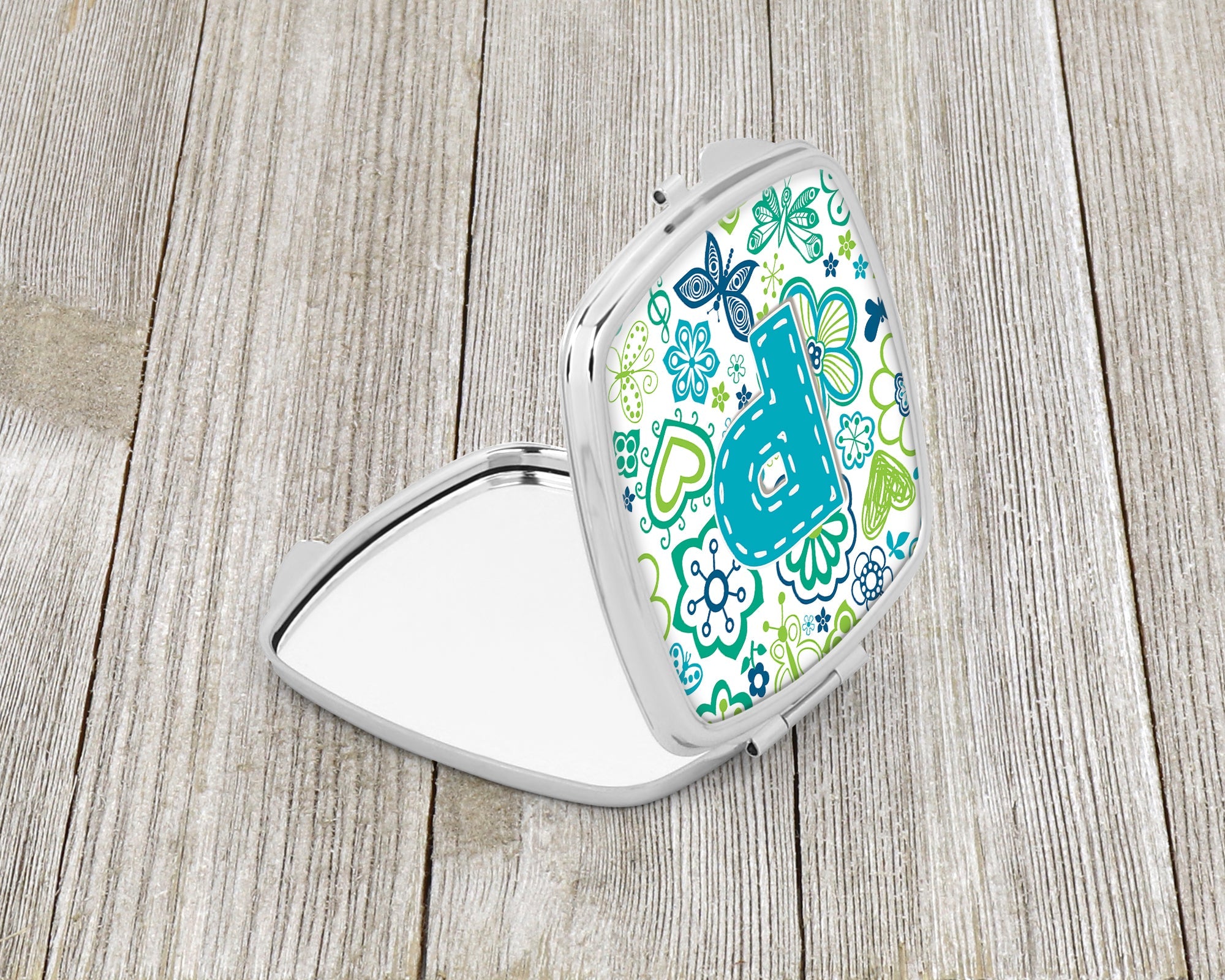 Letter P Flowers and Butterflies Teal Blue Compact Mirror Decorative Travel Makeup Mirror for Women Girls Gifts Pocket Makeup Mirror Folding Handheld