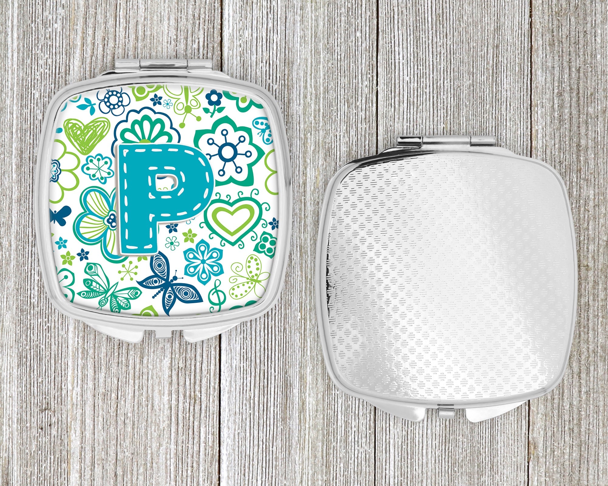 Letter P Flowers and Butterflies Teal Blue Compact Mirror Decorative Travel Makeup Mirror for Women Girls Gifts Pocket Makeup Mirror Folding Handheld