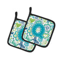 Letter Q Flowers and Butterflies Teal Blue Pot Holder Set of 2 Heat Resistant Quilted Hot Pads 7.5 x 7.5 Inch, Insulated Kitchen Trivets for Cooking & Baking