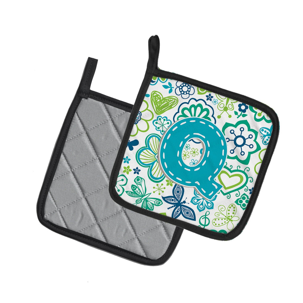 Letter Q Flowers and Butterflies Teal Blue Pot Holder Set of 2 Heat Resistant Quilted Hot Pads 7.5 x 7.5 Inch, Insulated Kitchen Trivets for Cooking & Baking