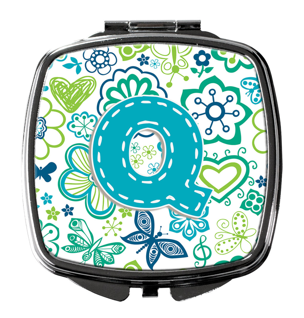 Letter Q Flowers and Butterflies Teal Blue Compact Mirror Decorative Travel Makeup Mirror for Women Girls Gifts Pocket Makeup Mirror Folding Handheld