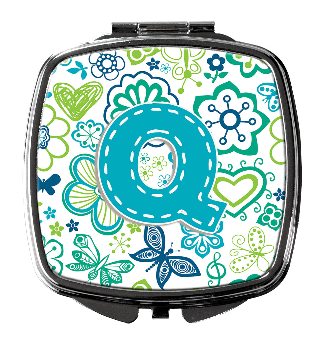 Letter Q Flowers and Butterflies Teal Blue Compact Mirror Decorative Travel Makeup Mirror for Women Girls Gifts Pocket Makeup Mirror Folding Handheld