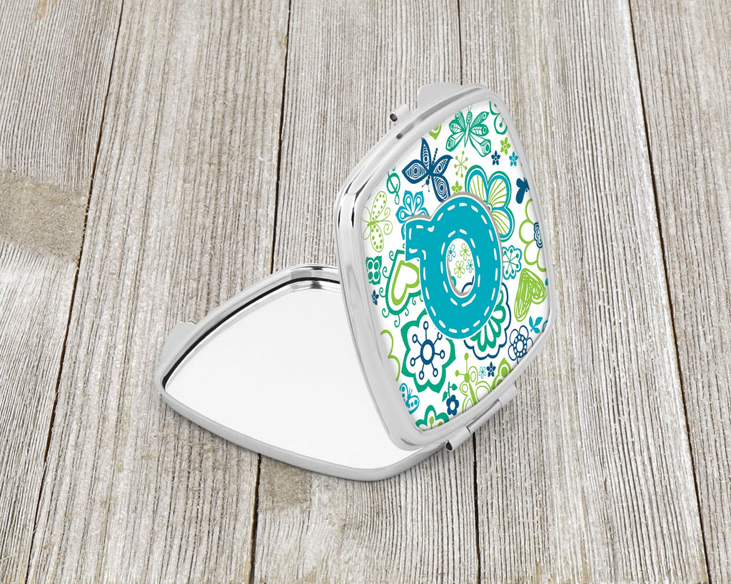 Letter Q Flowers and Butterflies Teal Blue Compact Mirror Decorative Travel Makeup Mirror for Women Girls Gifts Pocket Makeup Mirror Folding Handheld