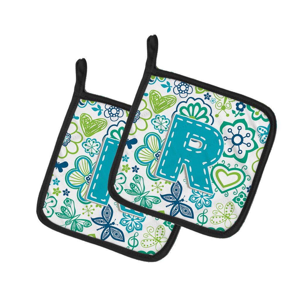 Letter R Flowers and Butterflies Teal Blue Pot Holder Set of 2 Heat Resistant Quilted Hot Pads 7.5 x 7.5 Inch, Insulated Kitchen Trivets for Cooking & Baking