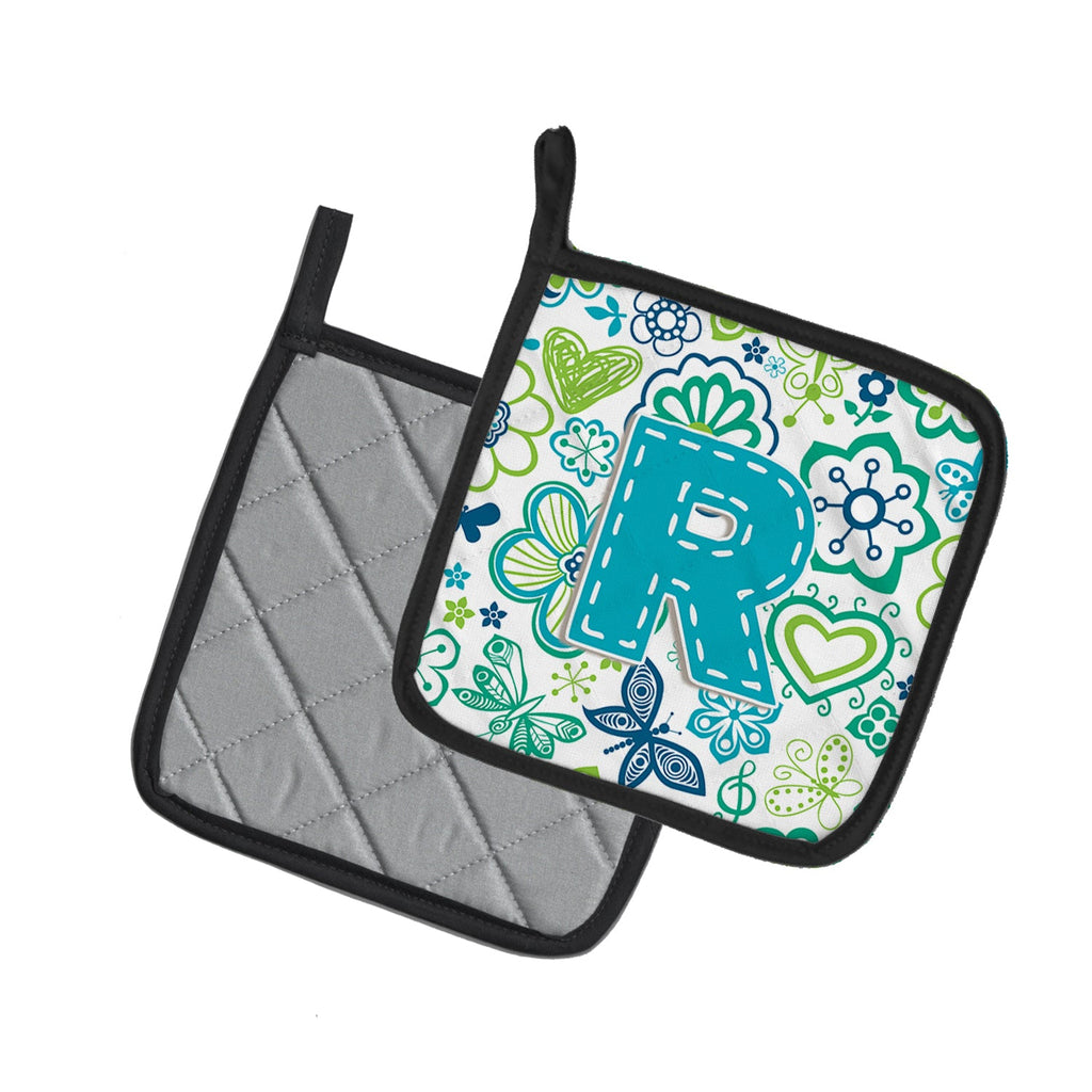 Letter R Flowers and Butterflies Teal Blue Pot Holder Set of 2 Heat Resistant Quilted Hot Pads 7.5 x 7.5 Inch, Insulated Kitchen Trivets for Cooking & Baking