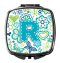 Letter R Flowers and Butterflies Teal Blue Compact Mirror Decorative Travel Makeup Mirror for Women Girls Gifts Pocket Makeup Mirror Folding Handheld